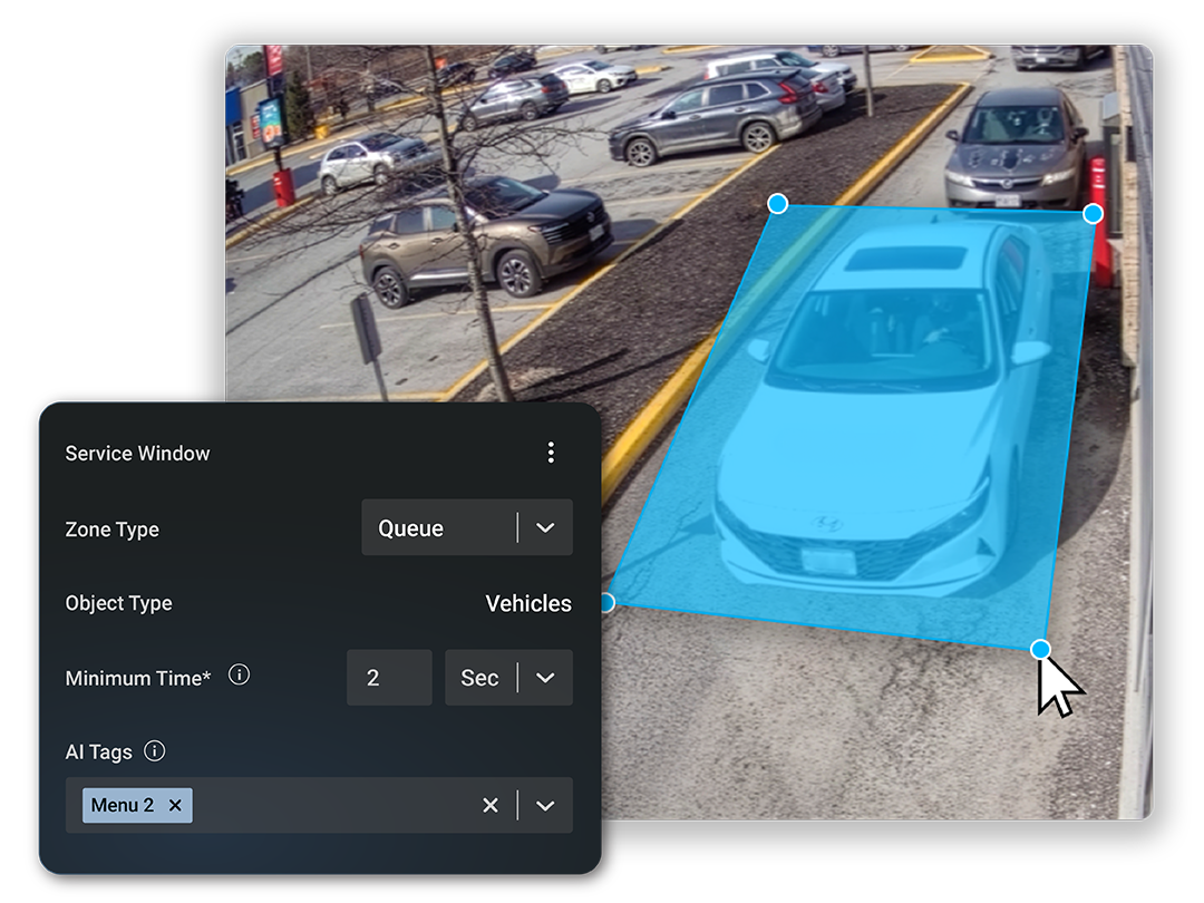 A software interface overlays a blue detection zone on a security camera image of vehicles in a drive-thru lane, with settings for zone type, object type, and minimum time displayed.