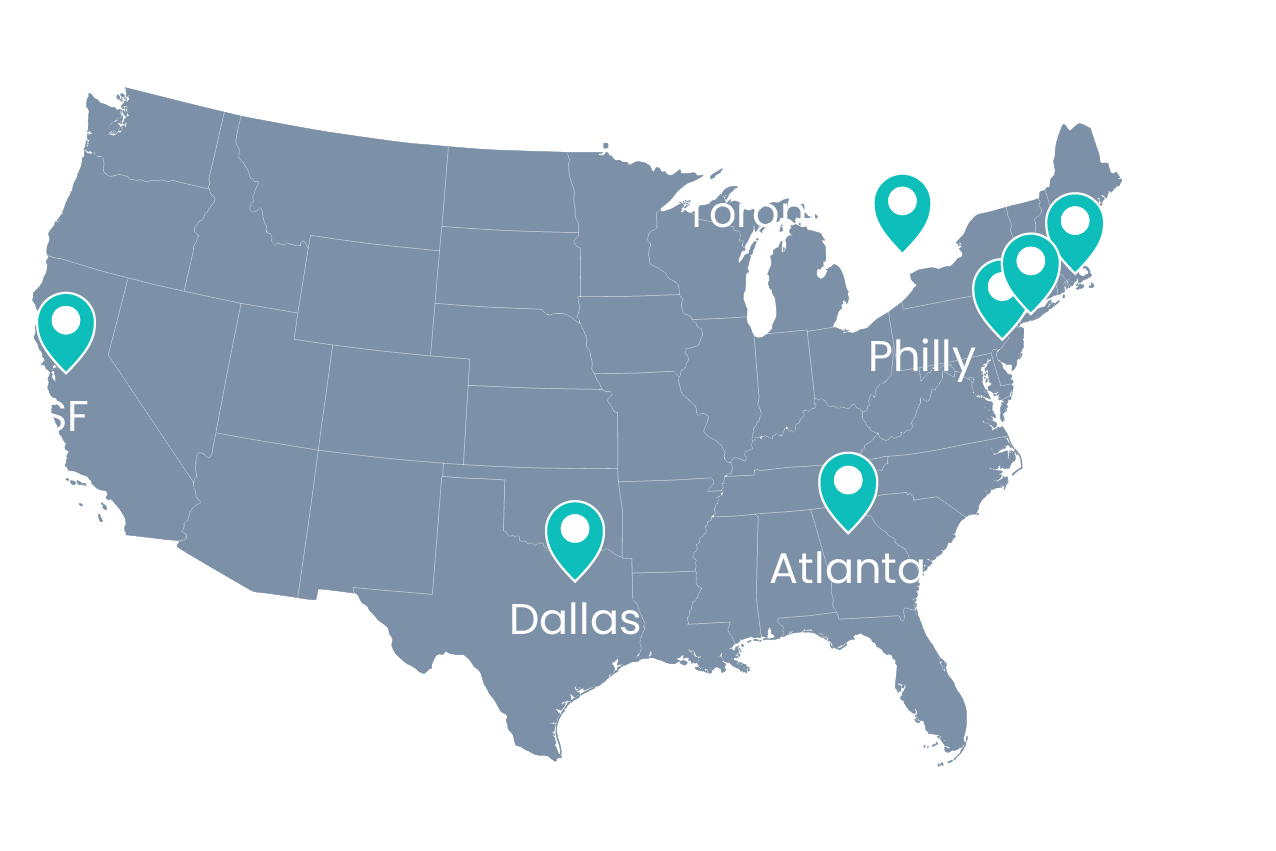 A map of the United States highlighting five cities: San Francisco, Dallas, Atlanta, Philadelphia, and New York City.