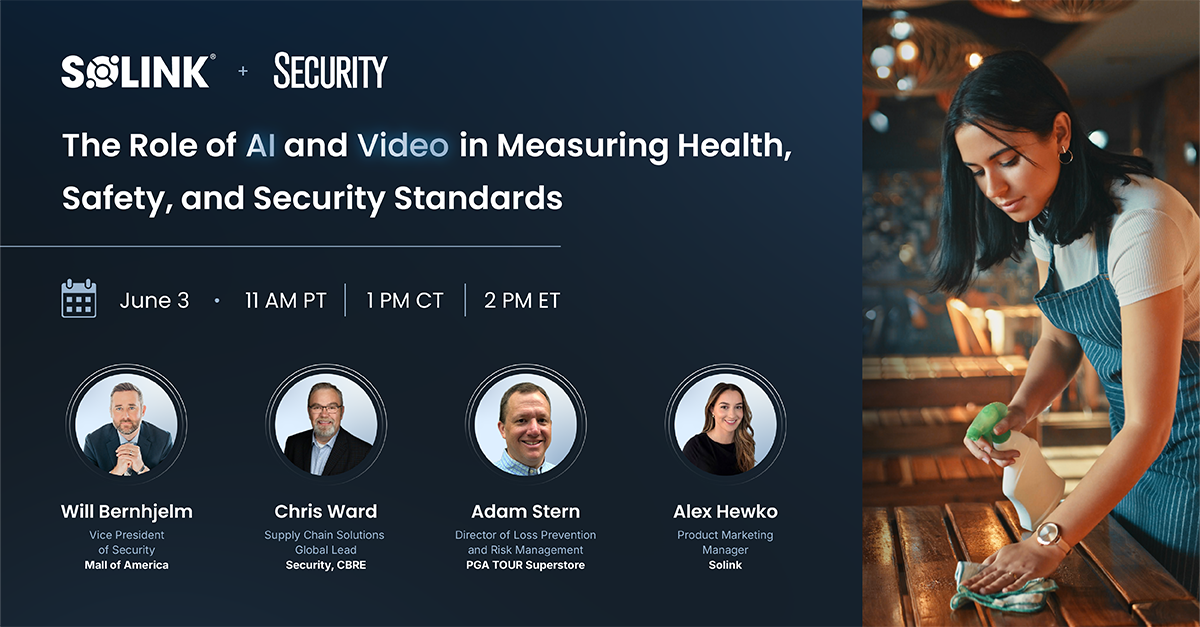Promotional banner for a Solink security webinar on AI and video in safety standards, featuring four speakers and event details for June 3 at 11 AM PT.