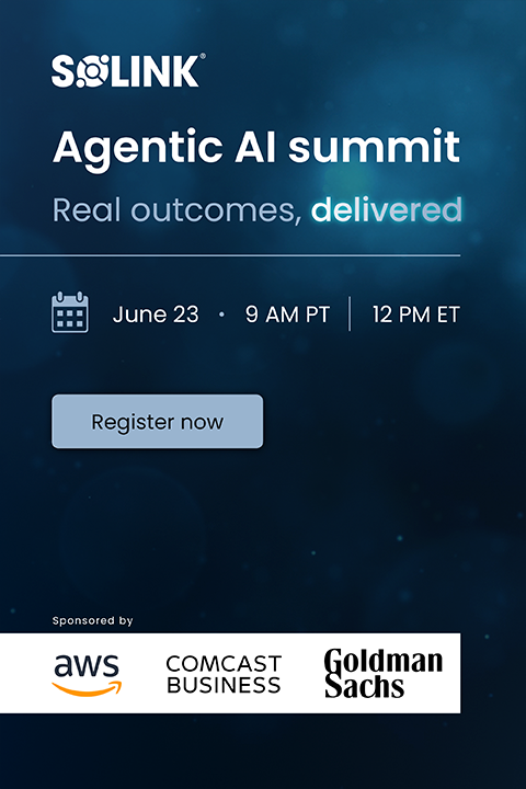 Promotional graphic for Solink's Agentic AI Summit: Operations on June 23 at 9 AM PT/12 PM ET, with sponsors AWS, Comcast, and Goldman Sachs. Includes a "Register now" button.