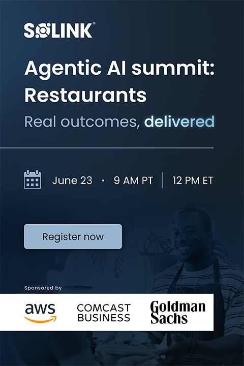 Solink promotion for "Agentic AI Summit: Restaurants" on June 23 at 9 AM PT / 12 PM ET; includes sponsors AWS, Comcast, and Goldman Sachs.