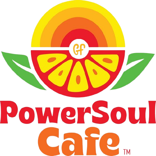 Logo for PowerSoul Cafe featuring a stylized orange slice with leaves, sunset colors, and the letters "GF" in the center, with "PowerSoul Cafe" written below.