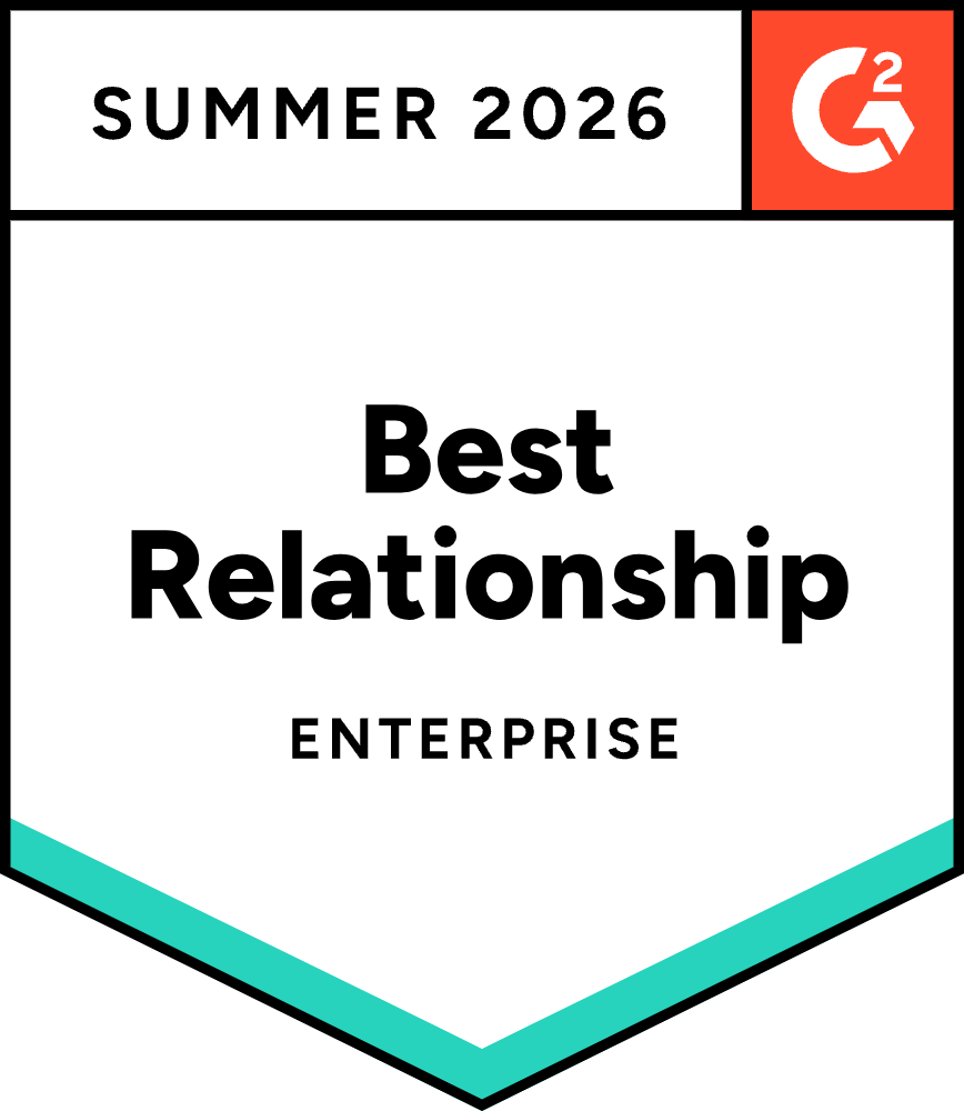 G2 award badge for Summer 2026, labeled "Best Relationship - Enterprise" with the G2 logo in the top right corner.
