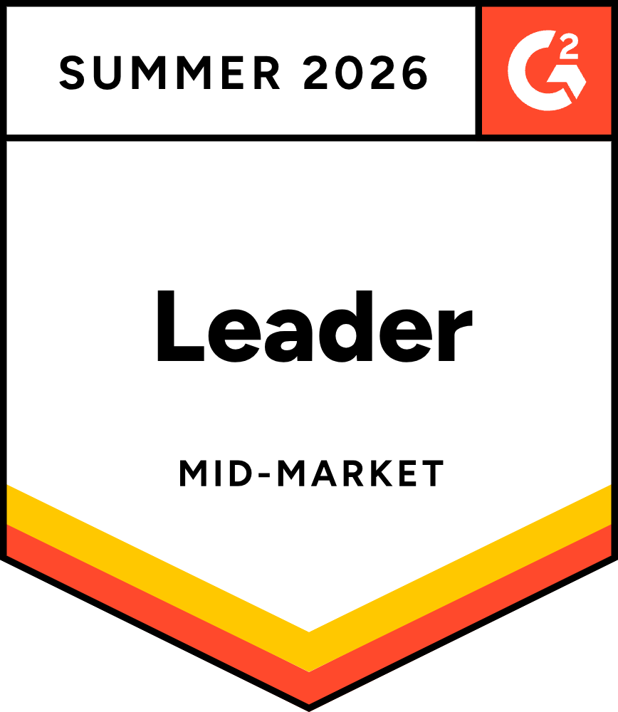 G2 badge for Summer 2026 showing "Leader" in the Mid-Market category with an orange, yellow, and red border.