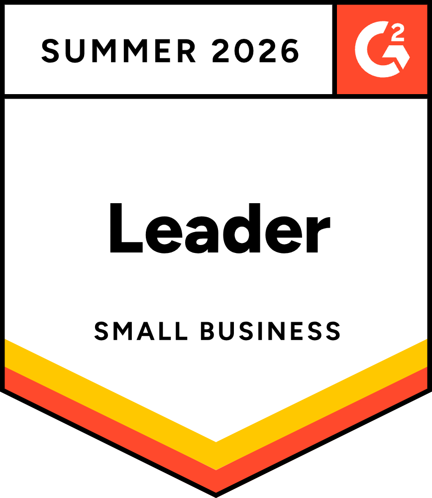 G2 Summer 2026 badge displaying "Leader" and "Small Business" with yellow and red stripes at the bottom.