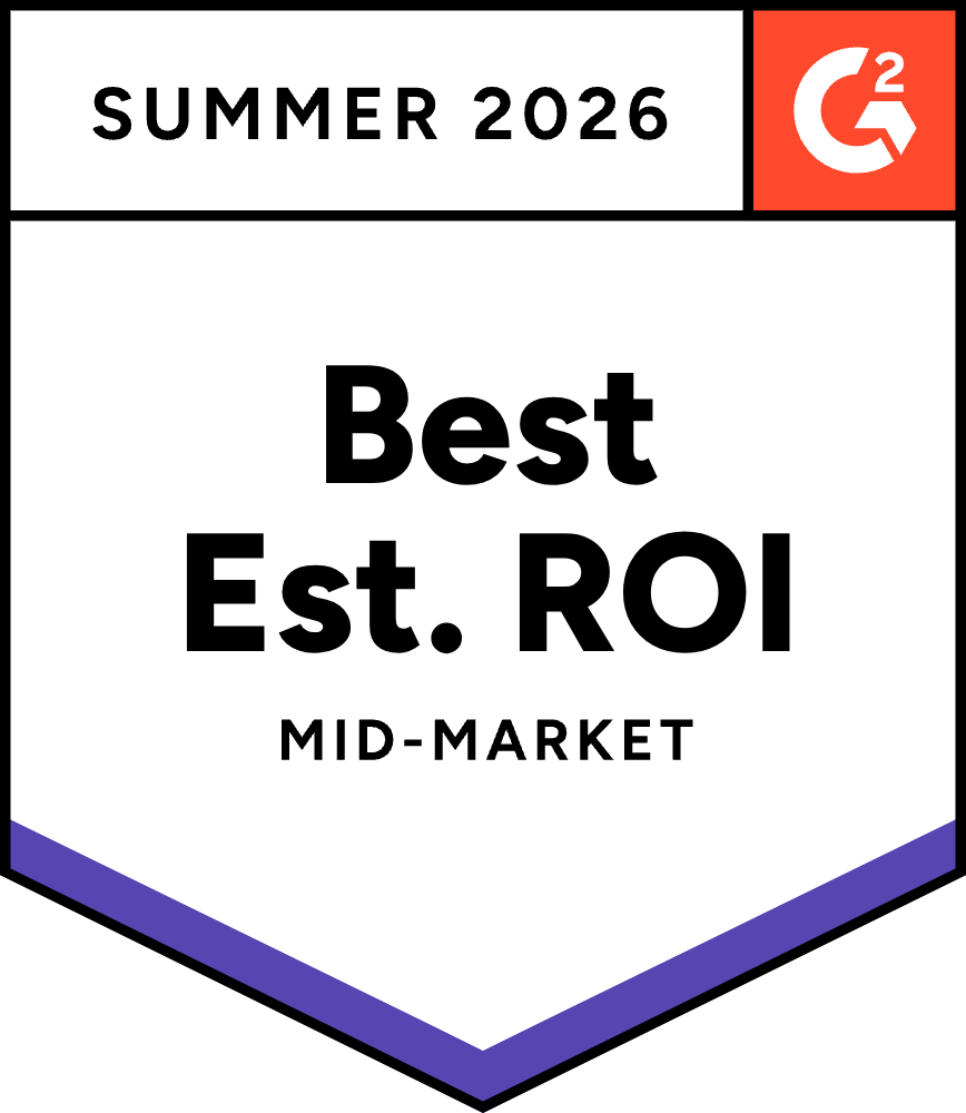 G2 badge for Summer 2026 reads "Best Est. ROI Mid-Market" with a red G2 logo in the top right corner and a purple border at the bottom.