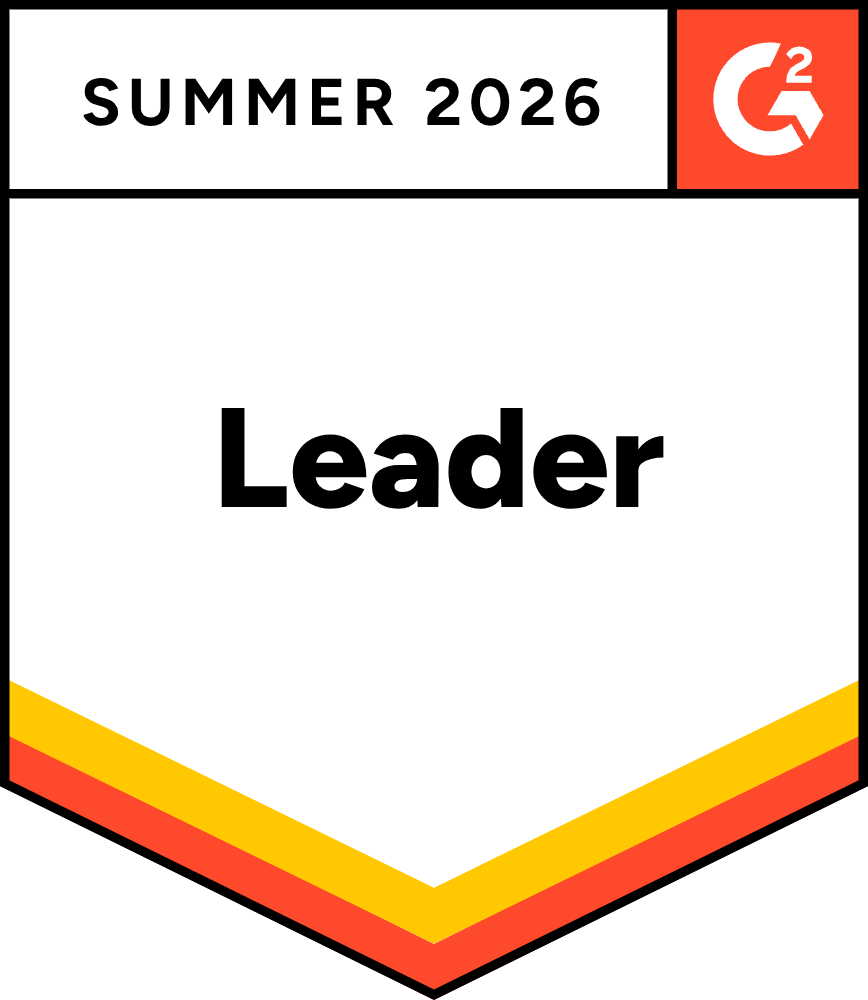 A badge with the G2 logo titled "Summer 2026" names "Leader" in the "Mid-Market" category on a white background with yellow and red borders.