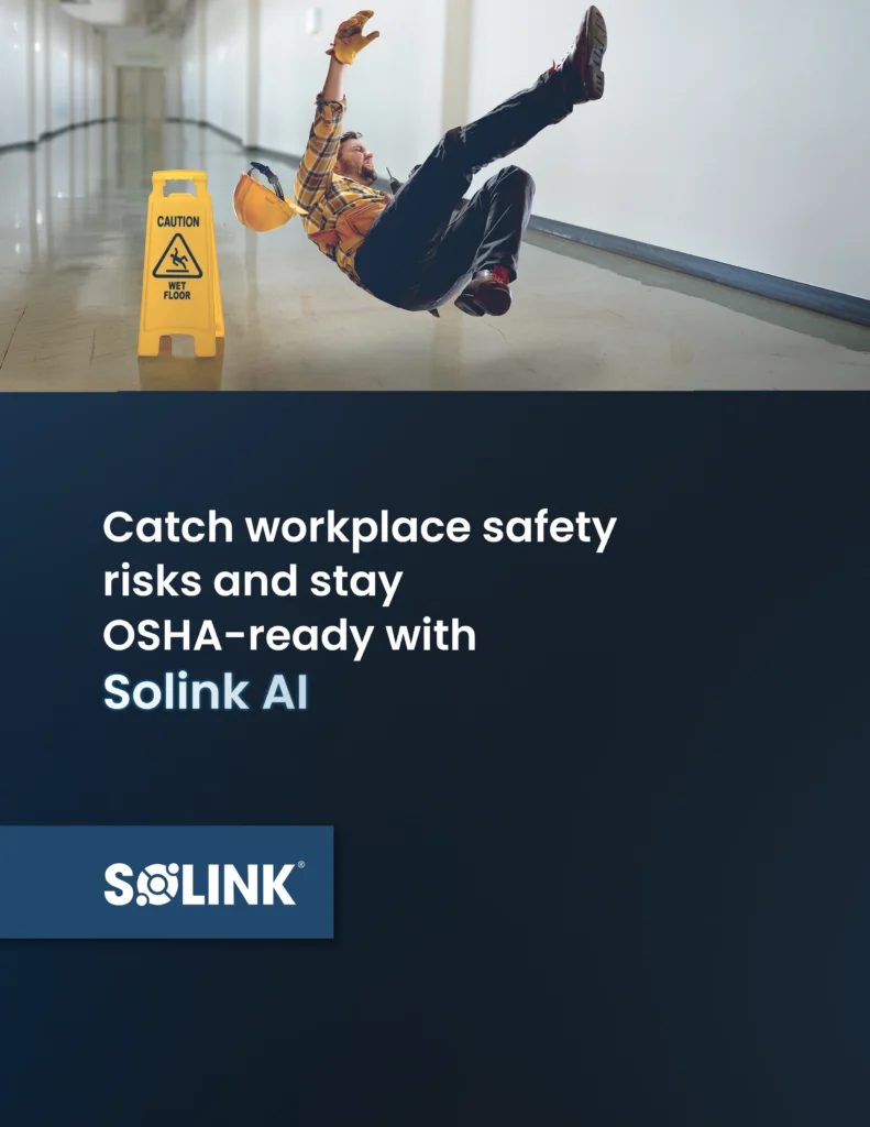 A person slips and falls near a caution sign in a hallway, accompanied by text promoting Solink AI for workplace safety and OSHA compliance.