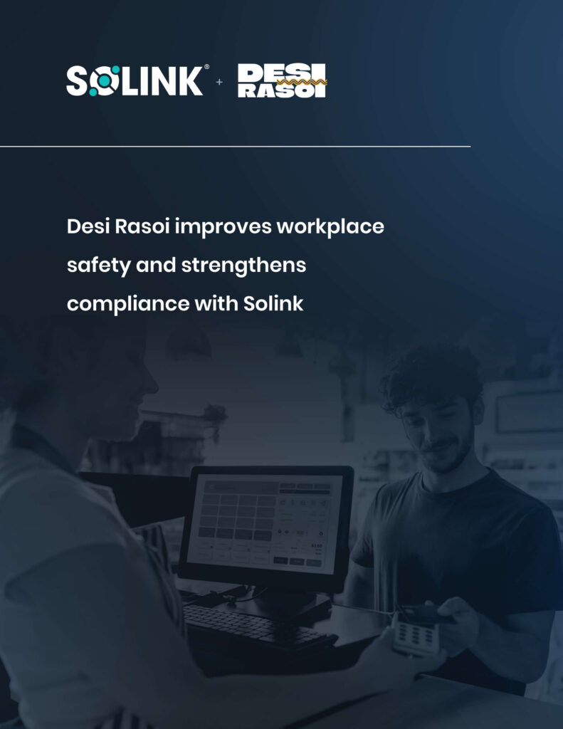 Two people interact at a restaurant counter with a payment terminal; text highlights Desi Rasoi improving workplace safety and compliance with Solink.