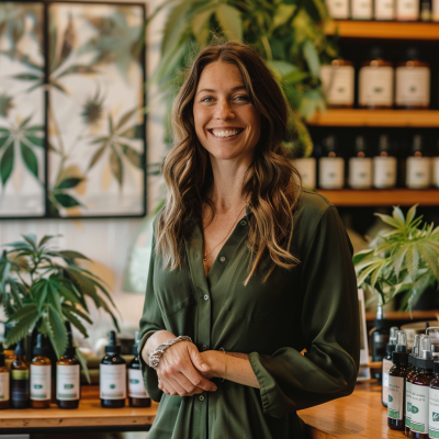 A woman in a green shirt smiles at the camera in a shop with shelves of bottled products and plants in the background.