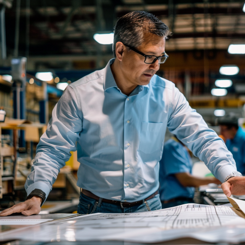 40 very real threats to the manufacturing industry in 2024 A man in a blue shirt reviews large blueprints on a table in an industrial setting, with workers in the background.