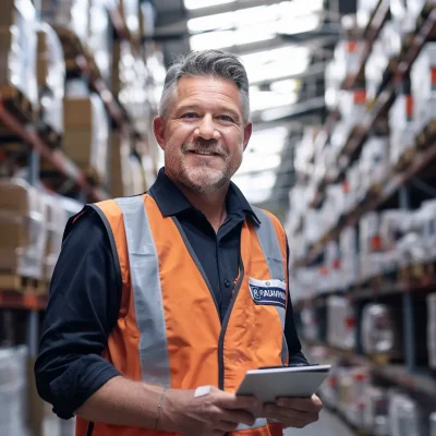 AI in the warehouse industry Warehouse worker with a tablet standing in a storage aisle.