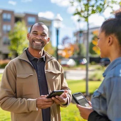 Two individuals engaged in a pleasant conversation outdoors, with one person holding a smartphone and smiling.
