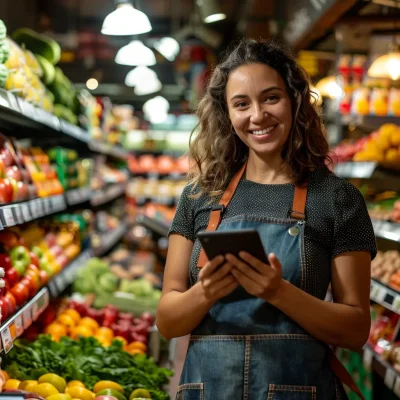 Woman with tablet smiling in grocery store produce aisle.