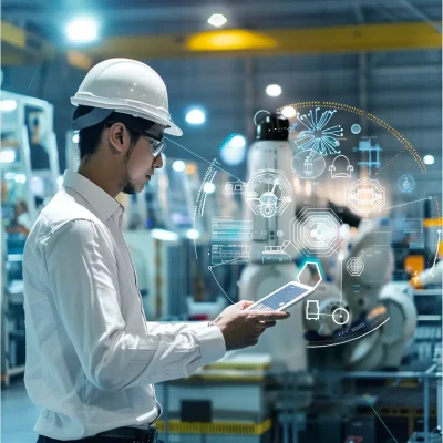 Engineer with tablet monitoring automated machinery using a futuristic interface in an industrial setting.