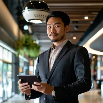 AI video analytics for office buildings A confident businessman holding a tablet in an office corridor.