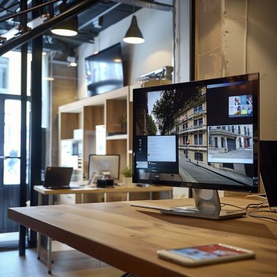 A monitor is sitting on a wooden desk in an office.