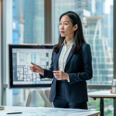 Commercial property management PEST analysis examples and explanations A professional woman in a business suit presenting in a meeting room with a digital display and cityscape in the background.