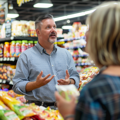 Grocery store PEST analysis examples and explanations Man gesturing while talking to a woman in a grocery store aisle, surrounded by colorful product shelves.