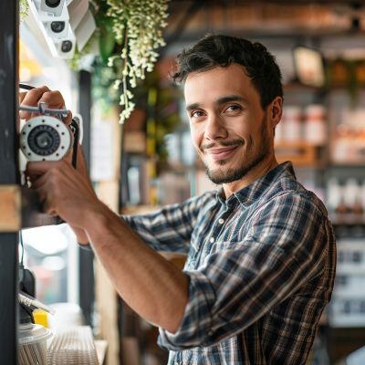 Hidden Security Cameras for Business A man is taking a picture of a camera in a coffee shop.