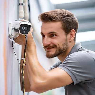 How to Install a Wired Security Camera A man installing a security camera on a wall.