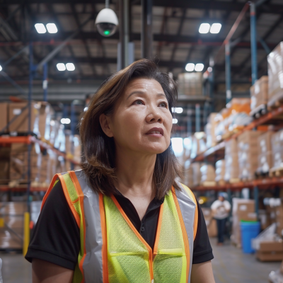 Logistics PEST analysis examples and explanations A middle-aged asian woman wearing a safety vest looks thoughtfully upwards in a warehouse.