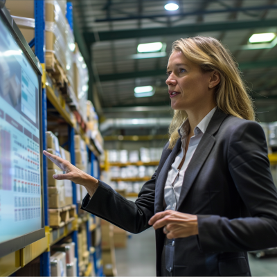 A businesswoman in a suit interacts with a digital screen in a warehouse, examining inventory data.