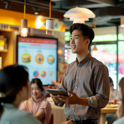 A young asian waiter smiling and holding a digital tablet, interacting with customers in a vibrant restaurant setting.