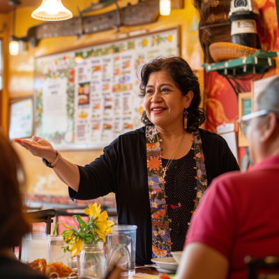 Restaurant SWOT analysis examples and explanations A woman smiling and gesturing while speaking to people at a colorful restaurant table, with a menu and drinks visible.