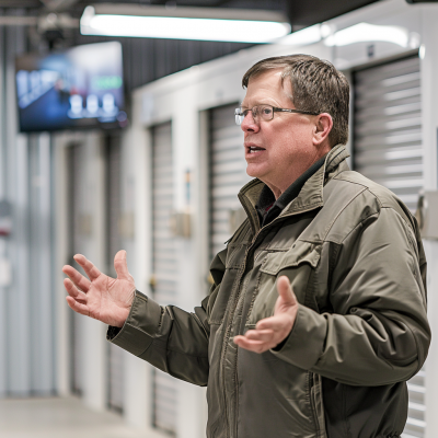 Self-storage PEST analysis examples and explanations A middle-aged man in glasses and a green jacket speaks animatedly, gesturing with his hands, in a modern industrial setting.