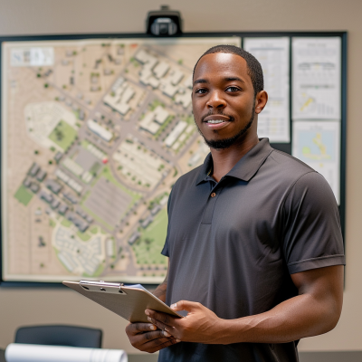 Self-storage SWOT analysis examples and explanations A confident young man standing in an office, holding a clipboard, with a large map on the wall behind him.