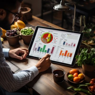 Top KPIs for Restaurant Staff A man sitting at a table looking at a graph on a tablet.