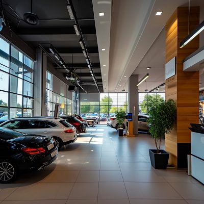 automotive dealership video security The interior of a car dealership with many cars parked inside.