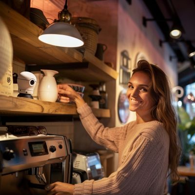 A woman is standing in front of a coffee machine in a coffee shop.