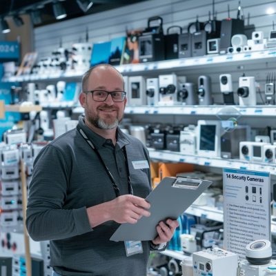 best security cameras for retail stores A man standing in a store holding a clipboard.