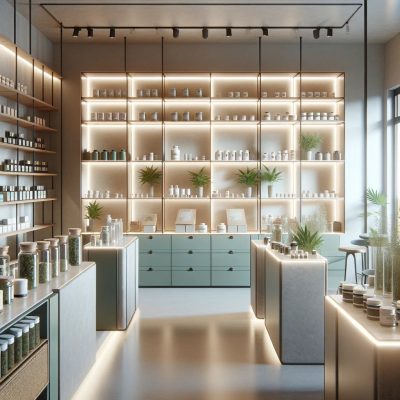 The interior of a store with shelves full of plants.