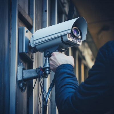 cctv connectors types A man is holding a security camera on a door.