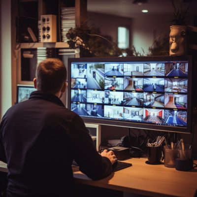 cctv multiplexer board A man sitting at a desk looking at a monitor with several images on it.