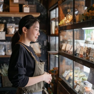 Asian woman looking at a display case in her business