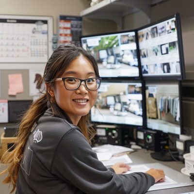 _how often do stores check security cameras A woman sitting at a desk with several monitors in front of her.