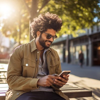 how to access cctv footage Afro-american man sitting on a bench looking at his phone.