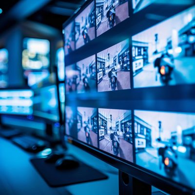 _how to connect security camera to tv without dvr A monitor with many different images on it.