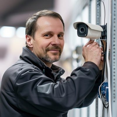 A man installing a security camera on a wall.