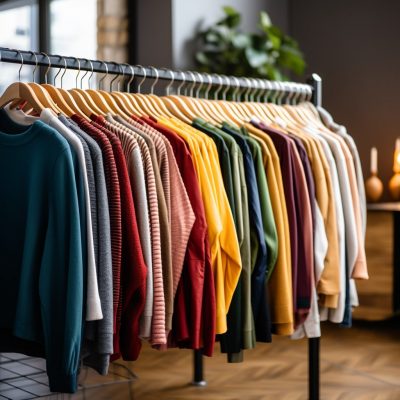 how to sell retail clothing A row of colorful shirts on a rack in a store.