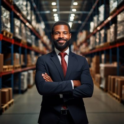 kpi for warehouse manager Young african american businessman standing in a warehouse.