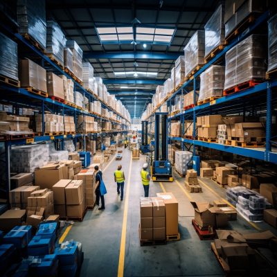 kpi in warehouse management People working in a warehouse with boxes.