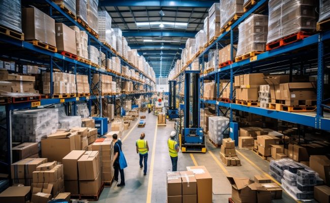 kpi in warehouse management People working in a warehouse with boxes.