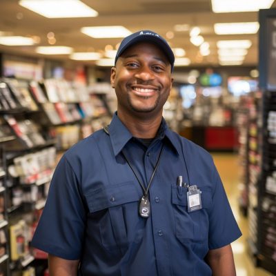 A man in a blue shirt standing in a store.