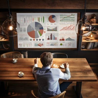 A man sitting at a table looking at graphs on a screen.