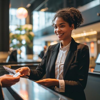 obtaining cctv footage for insurance claim A woman in a business suit and a man in a suit standing at the reception desk.